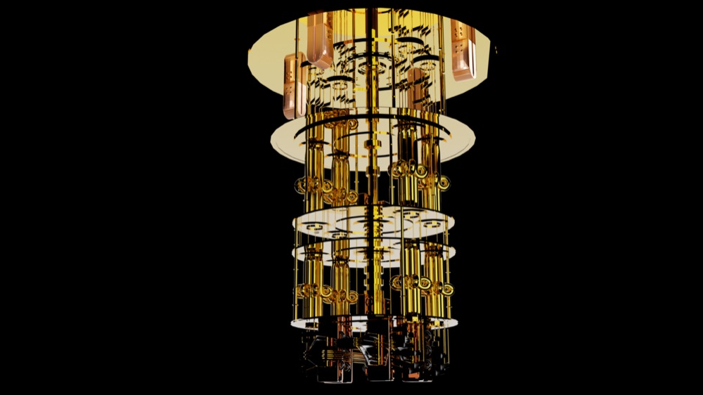 Interior of a dilution refrigerator showing gold-plated wiring and cryogenic stages used to cool superconducting qubits