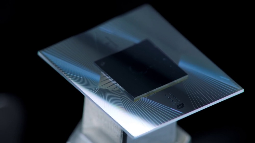 Close-up of Google's Sycamore quantum processor chip showing the grid of superconducting qubits